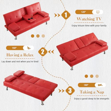 Modern Futon Sofa Bed, 67 Inch Leather Convertible Futon Couch Loveseat Sleeper for Small Spaces,Comfy Folding Recliner Couches for Living Room, Adjustable Backrest,2 Cup Holders,Metal Legs (RED) Xinmviec