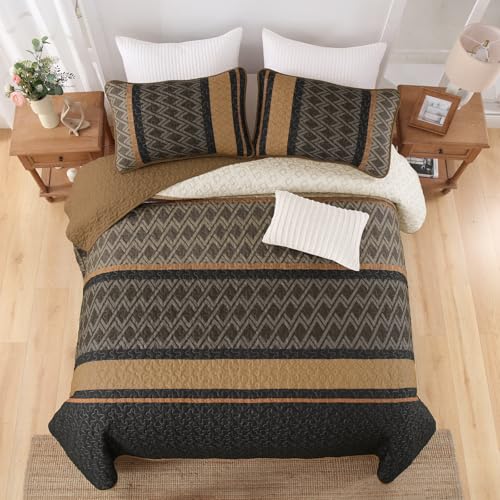 Dinjoy King Size Quilt Set Boho, Soft 3 Pieces Striped Bedspreads Quilts Brown Bedding Sets Boho Lightweight Quilted Coverlets Set Fall Bed for All Seasons 110"x90" Dinjoy