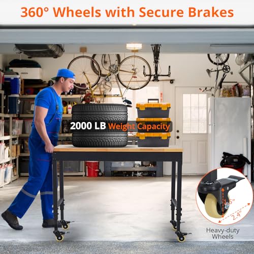 ACONEE 48" Adjustable Workbench, Heavy Duty Workstation 2000 LBS Load Capacity, Rubber Wood Top Workstation with 4 Rolling Casters, Power Outlets, Metal Frame, Wood Top Workbench for Workshop Garage ACONEE