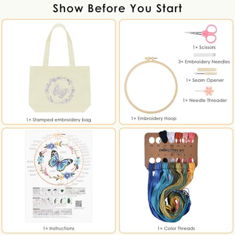 ERKOON Canvas Tote Bag Embroidery Kit for Beginners, Floral Arts Crafts Cross Stitch Kits for Adults Including Stamped Embroidery Bag with Hoops, Needle, Instruction and Color Threads (Butterfly) ERKOON