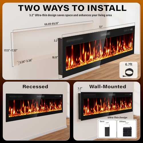 BREEZEHEAT 72 Inch Ultra Thin Electric Fireplace-Narrow Bezel Linear Fireplace Heater Recessed Wall Mounted, Remote Control, Touch Screen, 750W/1500W, 8H Timer for Living Room, Bedroom, Office BREEZEHEAT
