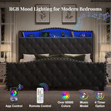 Belffin Queen Size Bed Frame and Headboard, 50.9" Velvet Upholstered Wingback Bedframe with LED Lights & Storage/Charging Station, Button Tufted Tall Footboard, No Box Spring Needed, Noise-Free, Black Belffin