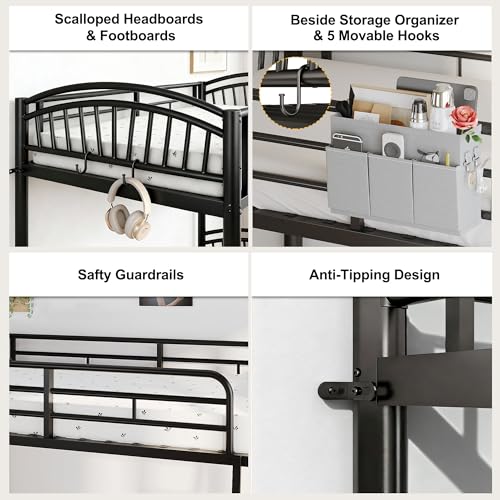 Decofy Twin Bunk Beds Twin Over Twin Industrial Bunkbeds Heavy Duty Metal Bunk Bed with Bedside Caddy, Convertible Ladder&Flat Rungs, Space Saving Bunkbed Frame for Bedroom Dorm, No Box Spring Needed Decofy