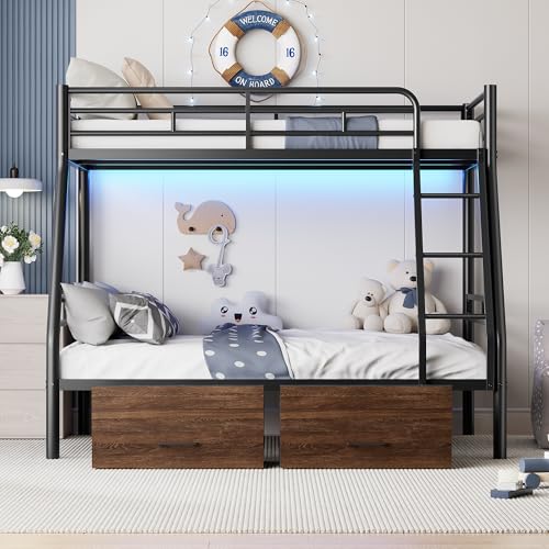 PVWIIK Bunk Bed Twin Over Full with Storage Drawers and LED/Metal Bunk Bed Frame w/Under-Bed Storage for Dormitory,Living Room,Bedroom,Kids,Black PVWIIK