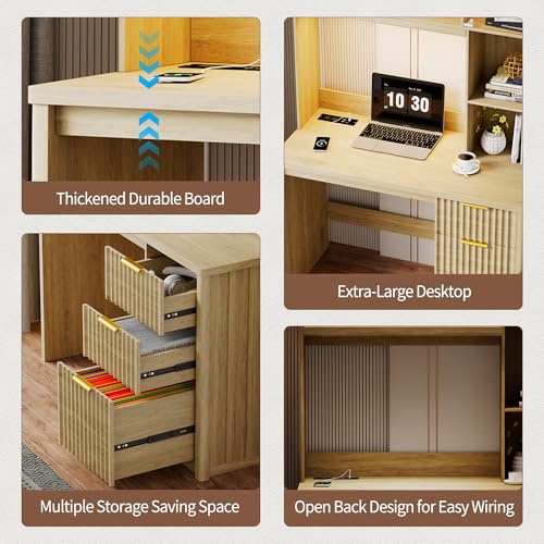 FREDEES LED Study Desk with Hutch, Home Office Desk with Charging Station & Storage Drawer, 70'H Writing Table with Glass Display Cabinet, 3 Color Light Computer Desks for Study, Wood FREDEES