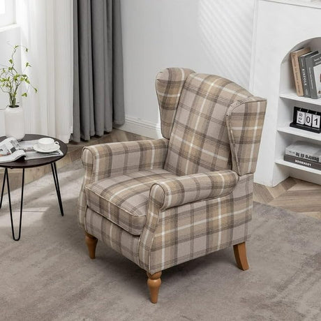 PATIOPTION Modern Accent Chair with Retro Wood Legs, Comfy Upholstered Armchair,Tantan Check Design Single Sofa Chair for Living Room Bedroom Office - Natural PATIOPTION