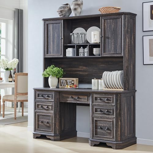 T4TREAM 59" Farmhouse Executive Desk with Hutch,Wood Home Office Computer Desk, Featuring Keyboard Tray,Charging Station,File Drawer, Storage Cabinet,for Work and Study (Dark Rustic Oak) T4TREAM