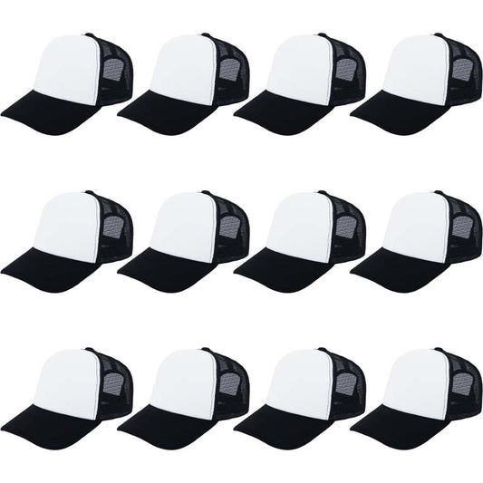 ZH 12 Pcs Sublimation Trucker Hats Blank Mesh Baseball Cap Polyester Bulk Mesh Trucker Hat for Men and Women Black