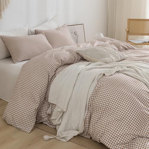 YHJWW Tan Gingham Duvet Cover Bedding Set Prewashed Extra Soft Comfy Breathable 3 Piece Brown Plaid Checkered Grid Vintage Comforter Cover Set Cute Aesthetic (King 104"x90", No Comforter) YHJWW