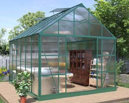 AMERLIFE 12x10x10 FT Polycarbonate Greenhouse with 2 Sliding Doors 4 Vents Window Walk-in Large Aluminum Greenhouse Premium Professional hot House for Outdoors, Green