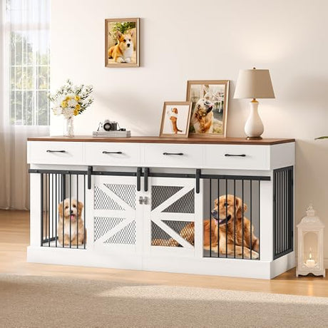 OtterOasis Extra Large Dog Crate Furniture for 2 Dogs, 71'' Dog Kennel Indoor with Removable Divider and 4 Storage Drawers, Sturdy Wooden Dog Crate TV Stand with 4 Doors for Large Medium Small Dogs OtterOasis