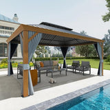 Patiorama 12’ x 16’ Hardtop Gazebo, Outdoor Wood Grain Frame Aluminum Gazebo with Galvanized Steel Double Vented Roof Canopy, W/Shaded Curtains and Netting, Pergola for Patio, Yard, Garden (Grey) Patiorama