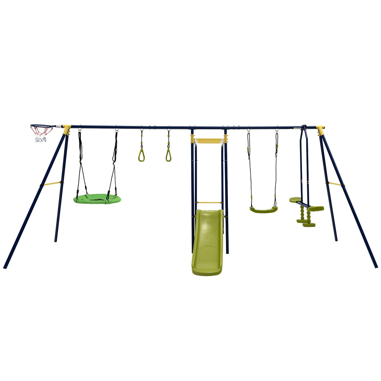HONEY JOY Swing Set, 660lbs 7-in-1 Heavy Duty Swingset Outdoor for Kids w/A-Frame Metal Swing Stand, 2 Swings, Glider, Gym Rings, Slide, Monkey Bar, Basketball Hoop, Swing Sets for Backyard HONEY JOY
