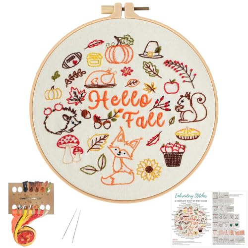 Louise Maelys Fall Embroidery Kits for Beginners,Cross Stitch kit for Adults,DIY Needlepoint for Starters,Including Cloth with Autumn Pattern,Hoop,Instruction and Threads