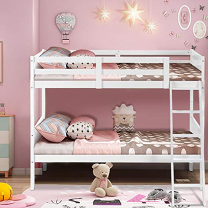 Costzon White Twin Over Twin Convertible Bunk Beds with Ladder and Safety Rail for Kids - WoodArtSupply