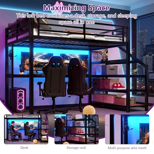 Bellemave Full Loft Bed with Desk & Storage Stairs, Metal Full Size Loft Bed Frame with Iron Nets, LED Lights & USB Ports, Heavy Duty Adult LoftBed for Bedroom, Noise-Free, Black Bellemave