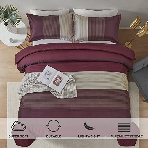 WONGS BEDDING Burgundy Comforter Set King, Reversible Burgundy Stripe Down Alternative Comforter for All Season,3 Pieces(1 Comforter+2 Pillowcases), Soft Microfiber Bedding Duvet Set 104”×90” WONGS BEDDING