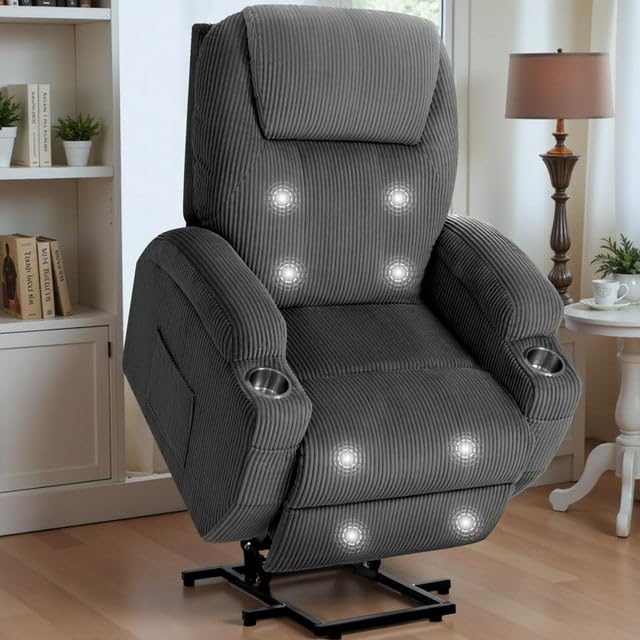 Electric Power Lift Recliner Chair with Massage for Elderly Corduroy Fabric Recliner Single Sofa with Cup Holders, Side Pockets and Remote Control for Living Room Bedroom (Gray) Furmax