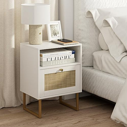 Masupu Rattan Nightstand,Modern Boho Farmhouse Wood Bedside Table with Storage Drawer and Open Shelf,Small Gold Frame Side End Table for Bedroom,Living Room,Office(White) - WoodArtSupply