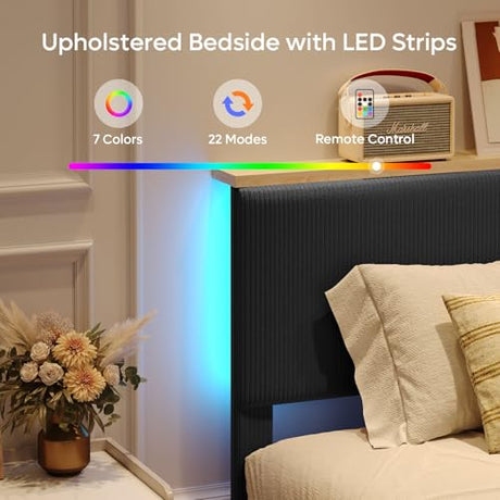 Bestier King Bed Frame with Adjustable Headboard & LED Lighting, Corduroy Upholstered Platform Bed Frame with Storage Shelf, Solid Wood Slats, No Box Spring Needed, Never Squeak, Easy Assembly, Black Bestier