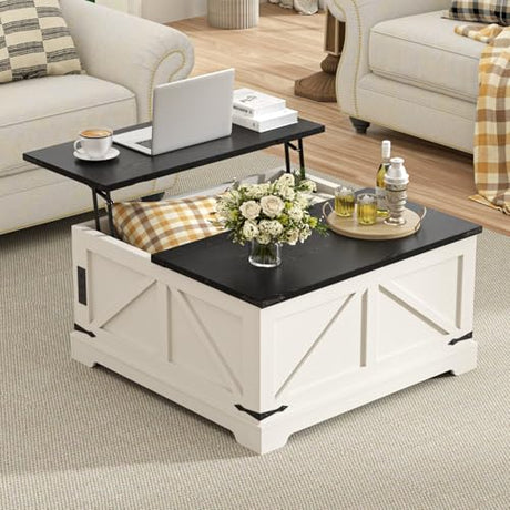 FiveWillowise Farmhouse Lift Top Coffee Table with Large Hidden Storage Compartment, 31.5" W Wood Square Center Table with Charging Station, Rustic Cocktail Table for Living Room, Home Office, White FiveWillowise