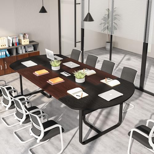 6ft Oval Conference Table Curved Meeting Tables for Office Brown Contemporary Metal Wood Walnut Finish WoodArtSupply