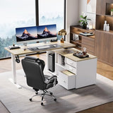 HUANUO L Shaped Standing Desk, Electric Executive Desk with Drawers, Adjustable Height Stand Up Desk, 55″ x 23.6″ One-Whole Piece Desktop, Computer Desk with 4 Memory Presets, Light Walnut HUANUO