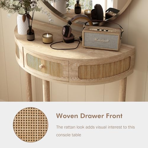 RowyPoey Rattan Half Moon Console Table-Modern Small Entryway Table with Rattan Drawer and Storage Shelf, Boho Farmhouse Wood Sofa Table for Living Room Hallway Foyer Sofa Side, Natural RowyPoey