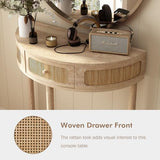 RowyPoey Rattan Half Moon Console Table-Modern Small Entryway Table with Rattan Drawer and Storage Shelf, Boho Farmhouse Wood Sofa Table for Living Room Hallway Foyer Sofa Side, Natural RowyPoey