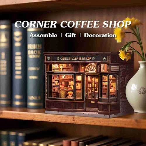 Fsolis Book Nook Kit - DIY 3D Wooden Puzzles for Adults Coffee House Model Booknook Bookstore Mini House Building Kit Gifts for Women Readers Book Lovers (Corner Coffee Shop)