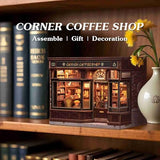 Fsolis Book Nook Kit - DIY 3D Wooden Puzzles for Adults Coffee House Model Booknook Bookstore Mini House Building Kit Gifts for Women Readers Book Lovers (Corner Coffee Shop)