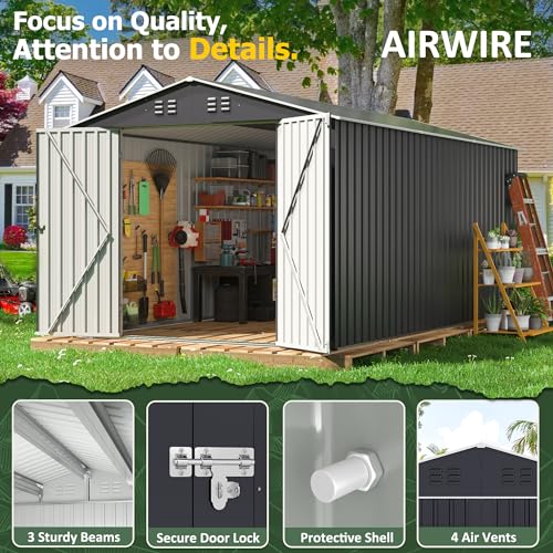 AirWire 8x12 FT Outdoor Storage Shed, Garden Shed with Updated Frame Structure and Lockable Doors, Metal Tool Sheds for Backyard Garden Patio Lawn, Grey AirWire