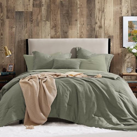 Geniospin King Size Comforter Set- 7 Piece Sage Green Textured King Bedding Set, Soft Solid Bed in a Bag for All Season, King Comforter Set with Sheets(Sage Green,102''x90'') Geniospin