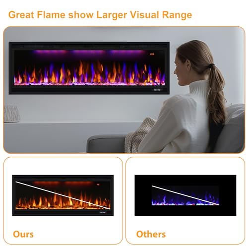 100 inch Smart Electric Fireplace, Wall Mounted Fireplace Insert for Living Room, Realistic Flame Fire w/Multicolor, Large Linear Fireplace Recessed in Wall, Black (100") Dreamflame