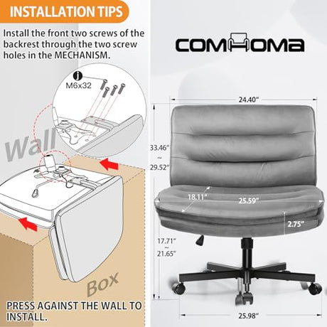 COMHOMA Cross Legged Office Chair with Wheels Armless-Office Desk Chair, Modern Vanity Computer Task Chairs for Home Bedroom, Comfortable Wide Seat for Lower Back Pain Relief, Soft Velvet, Gray COMHOMA