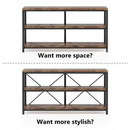 55 Inches Long Sofa Table with Storage Shelves, 3 Tiers Industrial Rustic Console Table with Open Shelves, Three Decorative Shelf, Open TV Shelf for Living Room, Hallway, Book