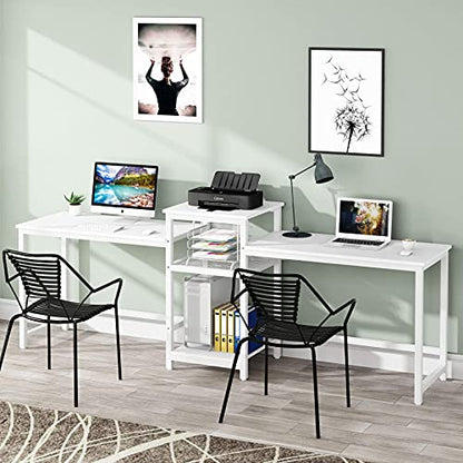 Tribesigns 96.9" Double Computer Desk with Printer Shelf, Extra Long Two Person Desk Workstation with Storage Shelves, Large Office Desk Study Writing Table for Home Office, White - WoodArtSupply