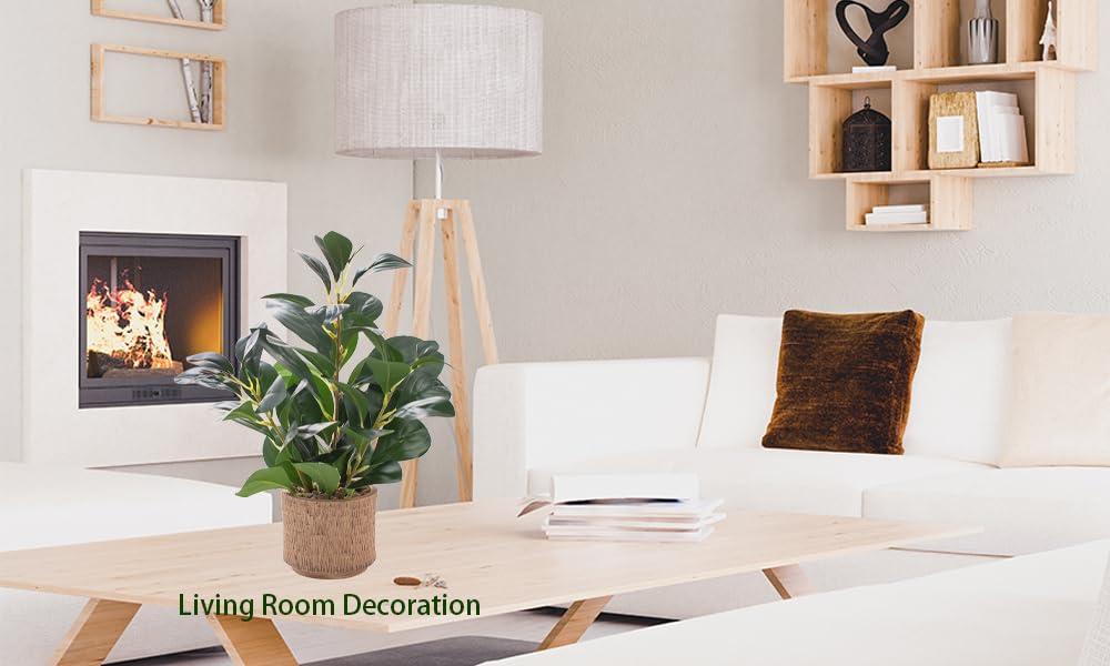12.6" Fake Plants in Brown Ceramic Vase Real Looking and Touching Evergreen Ficus Leaf Faux Plant Indoor for Book Shelf Bathroom Office Desk Kitchen Counter Bedroom Small Space Artificial Plant Decor Ewtogift