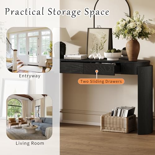 Merax 55" Entryway Table with Oval Top and 2 Drawers, Natural Wood Grain Finish Console Table with Fluted Design for Entryway and Living Room (Black) Merax