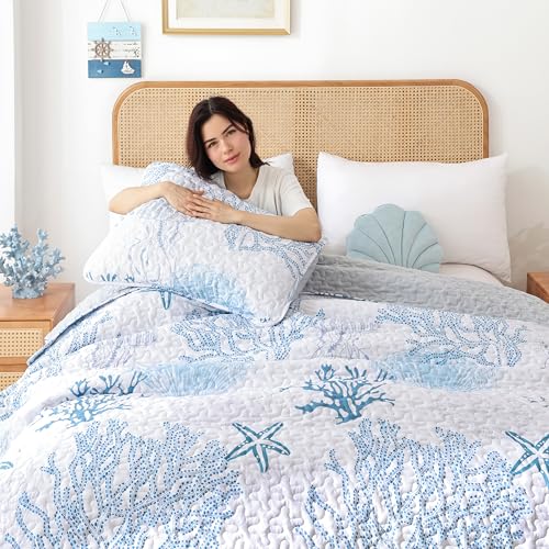 weigelia Coastal Quilts Bedding Set King Size - Blue Summer Nautical Bedding Quilt with Pillow Cases, Beach Reversible Quilt Set Bedspreads Coverlet Soft Lightweight Comforter weigelia