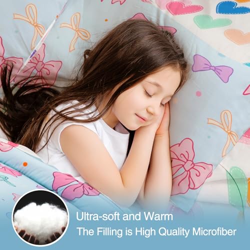 A Nice Night Full Size Bed in A Bag Bow Comforter Set for Kids,Quilt Bedding Set with Bowknot & Chic Polka Dot Pattern,Blue Background Room Decor for Girls A Nice Night