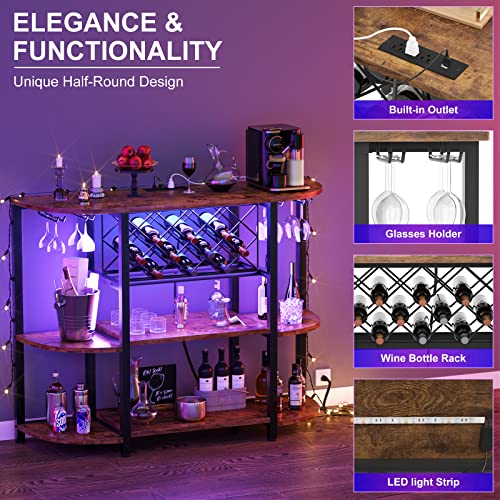 Unikito Rustic Brown Wine Rack Table with LED Lighting and Power Outlets - WoodArtSupply