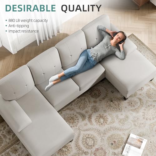 JAMFLY Sectional Sofa Couches for Living Room, 4 Seat U-Shaped Sofa Couch Living Room Furniture Sets Clearance with Double Chaises, Beige JAMFLY