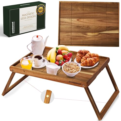 PANDAWOOD Wooden Bed Tray Table with Folding Legs - 100% Acacia Wood Breakfast Tray - Folding Bed Table Tray for Eating and Laptop - Large Bed Desk - Foldable Lap Desk for Laptop on Couch or Bed PANDAWOOD