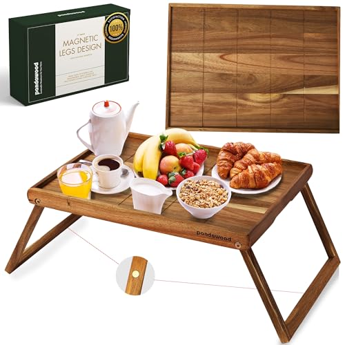 PANDAWOOD Wooden Bed Tray Table with Folding Legs - 100% Acacia Wood Breakfast Tray - Folding Bed Table Tray for Eating and Laptop - Large Bed Desk - Foldable Lap Desk for Laptop on Couch or  - WoodArtSupply