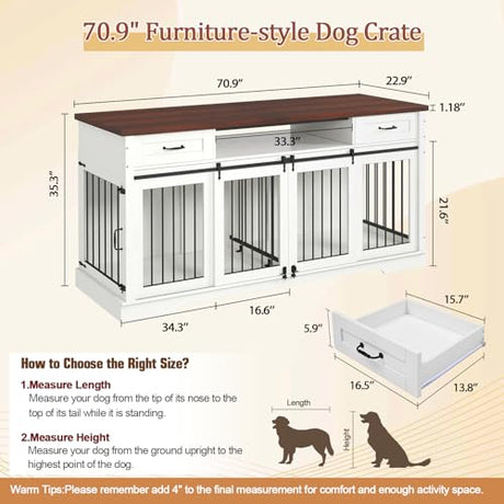 Livofloral 71”Double Dog Crate Furniture for 2 Dogs, Heavy Duty Dogs Kennel Furniture with Removable Divider & Drawers, End Table Dog Crate with Sliding Barn Doors, Extra Large TV Stand, White Brown Livofloral