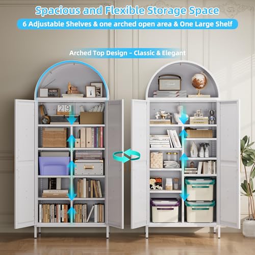 GangMei Metal 72" H Arched Pantry Cabinet with 6 Adjustable Shelves,White Arched Cabinet with 2 Doors for Kitchen Living Room,Required Assembly GangMei