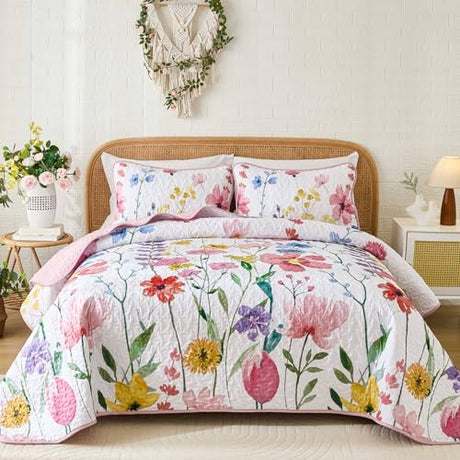 Anibedding Queen Quilt Set, Reversible Pink Floral Bedspread Soft Microfiber Lightweight Queen Size Quilt Bedding Sets Flower Coverlet for All Season(Queen, 96"x90") Anibedding