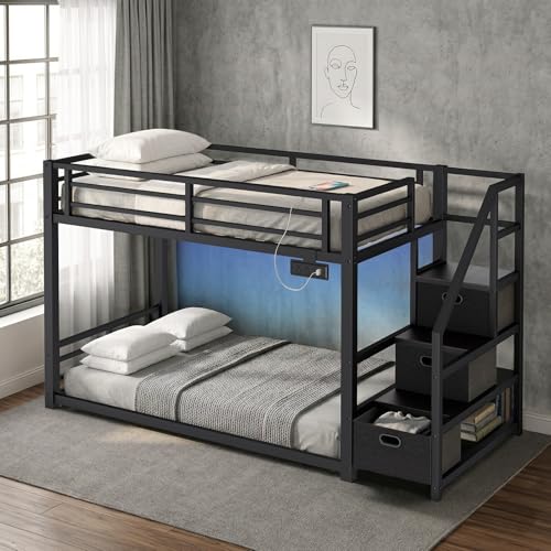 Twin Over Twin Metal Bunk Bed with Storage Stairs, Drawers & Shelves, Power Outlet and RGB LED Lights,Low Profile Kids Bunk Bed Frame with Safety Guardrails & Metal Slats,No Box Spring Needed (Black) HKOLIE