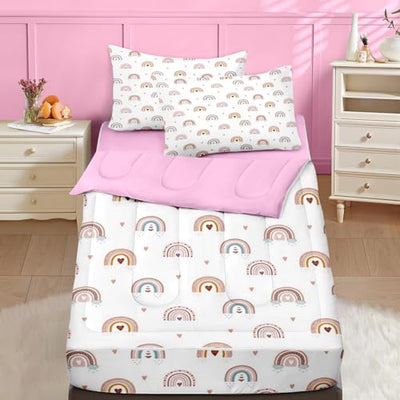 Nesker Zipper Bedding Full Rainbow Heart Zip Up Bedding Set for Girls and Kids, Pink Boho 3 Pcs Comforter Bed in a Bag with Fitted Sheet and 2 Pcs Pillowcases